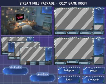 Animated Lofi Gaming Room Twitch Stream Paquete completo / Lofi Aesthetic Gaming PC Escenas de sala / Night Room Twitch / Cozy Kawaii Gamer Play