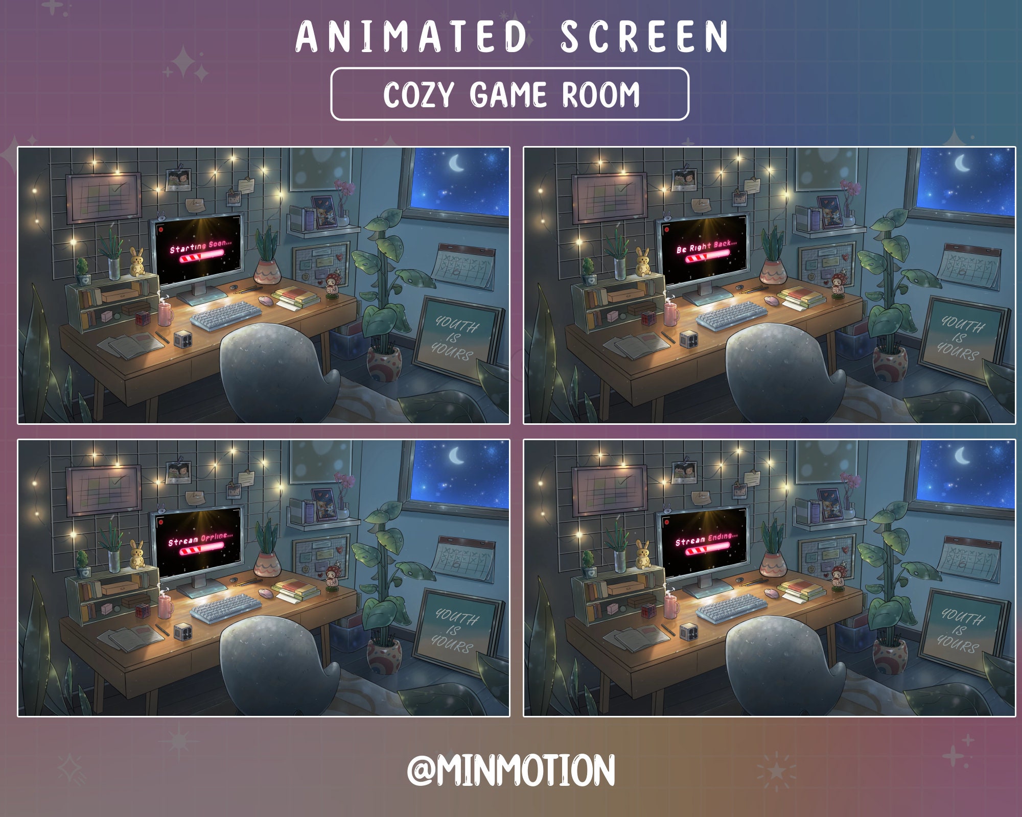 ANIMATED Twitch Overlay / Lo-fi Aesthetic Gaming PC Room 
