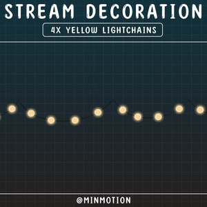 Puede incluir: Un fondo azul oscuro con un patr&oacute;n de cuadr&iacute;cula blanca. Una cadena de luces amarillas est&aacute; enhebrada a trav&eacute;s de la cuadr&iacute;cula. El texto "STREAM DECORATION" y "4X YELLOW LIGHTCHAINS" est&aacute; en la parte superior de la imagen. El texto "@MINMOTION" est&aacute; en la parte inferior de la imagen.