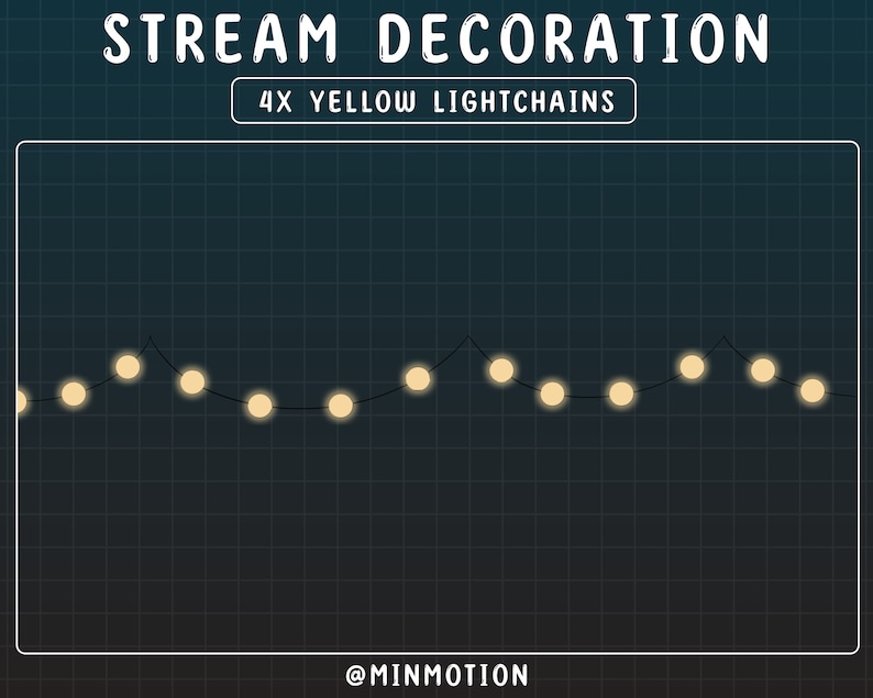 Puede incluir: Un fondo azul oscuro con un patr&oacute;n de cuadr&iacute;cula blanca. Una cadena de luces amarillas est&aacute; enhebrada a trav&eacute;s de la cuadr&iacute;cula. El texto "STREAM DECORATION" y "4X YELLOW LIGHTCHAINS" est&aacute; en la parte superior de la imagen. El texto "@MINMOTION" est&aacute; en la parte inferior de la imagen.