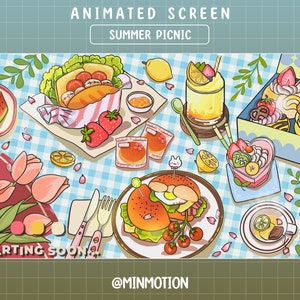 May include: A picnic scene with a blue and white checkered tablecloth, a variety of food and drinks, including a sandwich, a burger, a dessert, and a glass of lemonade. The text "SUMMER PICNIC" is written in a banner above the scene. The text "STARTING SOON" is written at the bottom left of the scene. The text "@MINMOTION" is written at the bottom right of the scene.