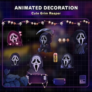 May include: Animated decoration featuring multiple cartoon Grim Reaper figures in various poses. The reapers are in black cloaks with white masks, some holding a scythe or a sign. The text "ANIMATED DECORATION" and "Cute Grim Reaper" are at the top.