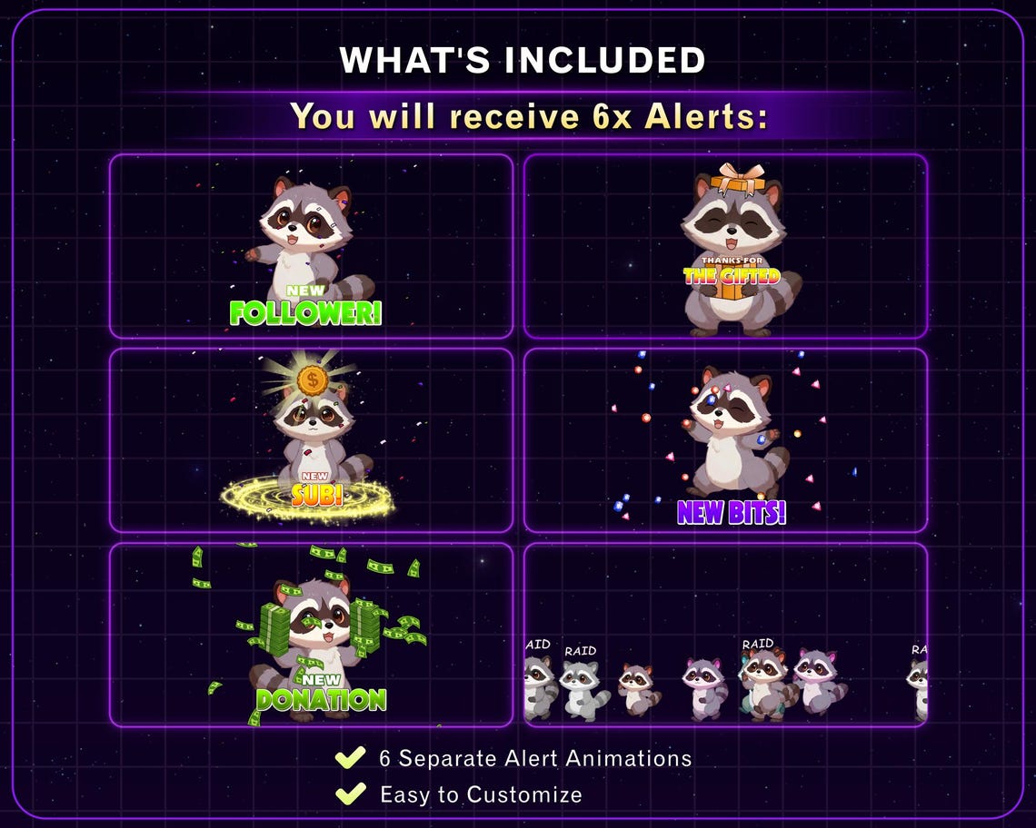 Animated Cute Raccoon Twitch Alert Pack, Raccoon Alert Bundle, Funny ...