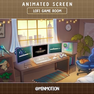 Animated Lofi Gaming Room Twitch Stream Screen / Lofi Aesthetic Gaming PC Room scenes / Sunset City Overlay / Cozy Kawaii Gamer Play
