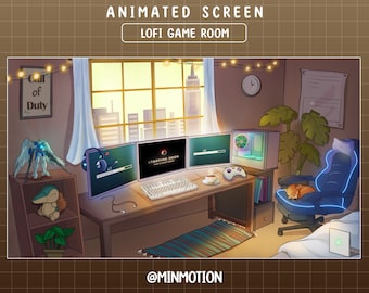 Animated Lofi Gaming Room Twitch Stream Screen / Lofi Aesthetic Gaming PC Room scenes / Sunset City Overlay / Cozy Kawaii Gamer Play