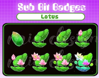 May include: A set of eight animated badges featuring a lotus flower in various stages of growth. The badges are designed for use on Twitch and other streaming platforms.