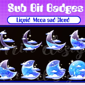 Dark Blue Liquid Moon And Cloudy Sub Badges / Twitch sub / Streamer Graphics / Star Bit Badge / Badges For Streamers / Magic Moon Bottle
