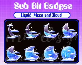 Dark Blue Liquid Moon And Cloudy Sub Badges / Twitch sub / Streamer Graphics / Star Bit Badge / Badges For Streamers / Magic Moon Bottle