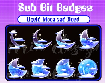 Dark Blue Liquid Moon And Cloudy Sub Badges / Twitch sub / Streamer Graphics / Star Bit Badge / Badges For Streamers / Magic Moon Bottle