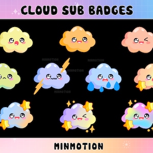 May include: Nine colourful cartoon cloud badges with different facial expressions. The clouds are in various colours, including yellow, green, blue, orange, and pink. Each cloud has a unique design, such as a lightning bolt, raindrops, or stars. The text "MINMOTION" appears at the bottom of the image.