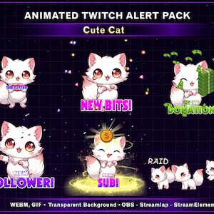 Puede incluir: Pack de alertas animadas para Twitch con un lindo gato blanco y detalles rosas. Incluye alertas como "New Bits!", "New Donation", "New Follower!" y "New Subi". Fondo morado oscuro con diseño de estrellas. WEBM, GIF, OBS.