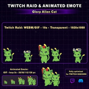 May include: Animated Twitch emote featuring a green alien cat character named "Glorp." The image includes multiple poses of the character, some holding a flag with the word "RAID." Text details include "Twitch Raid" and "Animated Emote" specifications.