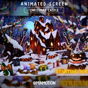 May include: A snowy Christmas castle with a glowing orange light inside. The castle is surrounded by trees decorated with lights and ornaments. The text "STARTING SOON..." is displayed at the bottom of the image.