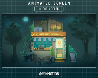 Pantalla animada de contracción del café nocturno / Cafetería acogedora / Café misterioso / Superposición estética de Lofi / Bosque / Verde / Gráfico para Streamer