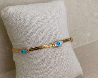 18k GP Evil Eye Bracelet, Herringbone  Snake Flat Shiny Chain