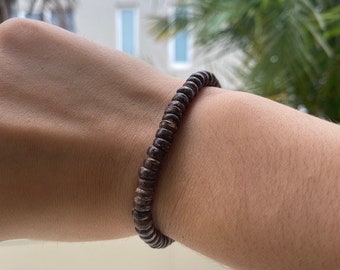 Natural Wood Brown Bracelet or Anklet,  Beach Ocean beaded coconut shell, brown ethnic, stacking stretch