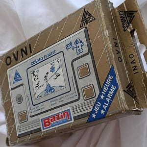 BAZIN, « Cosmo Flight », OVNI, jeu portable lcd en boîte, jeu de cartes, jeu de collection portable rare, Morioka Tokei, LIWACO