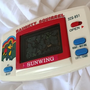 SUNWING 1984, &quot;Naughty Squirrel&quot;, flip-up lcd screen, handheld game, rare handheld collectors game, japan import, retro lcd gaming