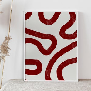 May include: Abstract art print with a white background and red squiggly lines.