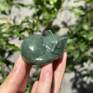 1PC 2 "Natürliche grüne Jade Katze, Quarzkristall Katze geschnitzt, Kristall heilen Reiki, Hauptdekoration, Kristallskulptur, Mineralprobe, Kristallgeschenk