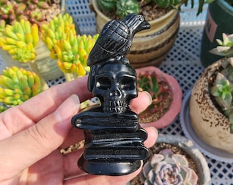 1PC 3.5" Natural Obsidian Skull,Crystal crow,Crystal Animal,Crystal Heal,Crystal Carving,Crystal Sculpture,Home decoration,Crystal Gifts