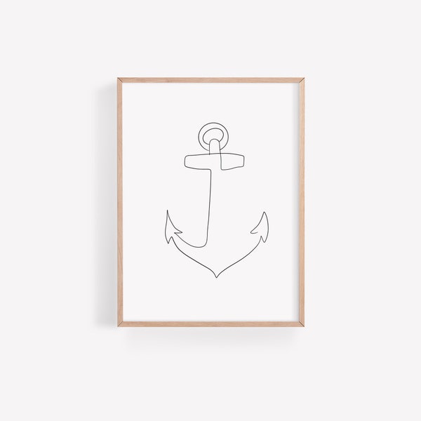 Printable Anchor One Line Art, Digital Black and White Wall Art, Minimalist Iron Anchor Single Line Art, Livingroom Printable Line Art