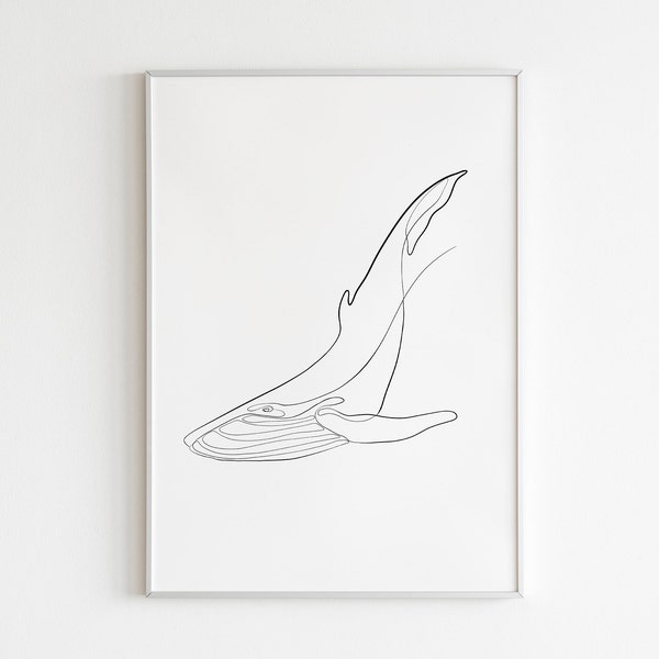 Humpback Whale Digital Print Art, Humpback Printable Single One Line Art, Animal Simple Line Art, Nursery Ocean Life Wall Poster, Download