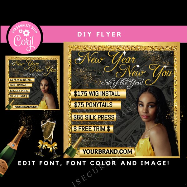 New Year’s Sale Pre-Made Flyer Template, D.I.Y. Social Media Flyer, Corjl Template, Hair Flyer, Instagram Flyer, DIY Flyer