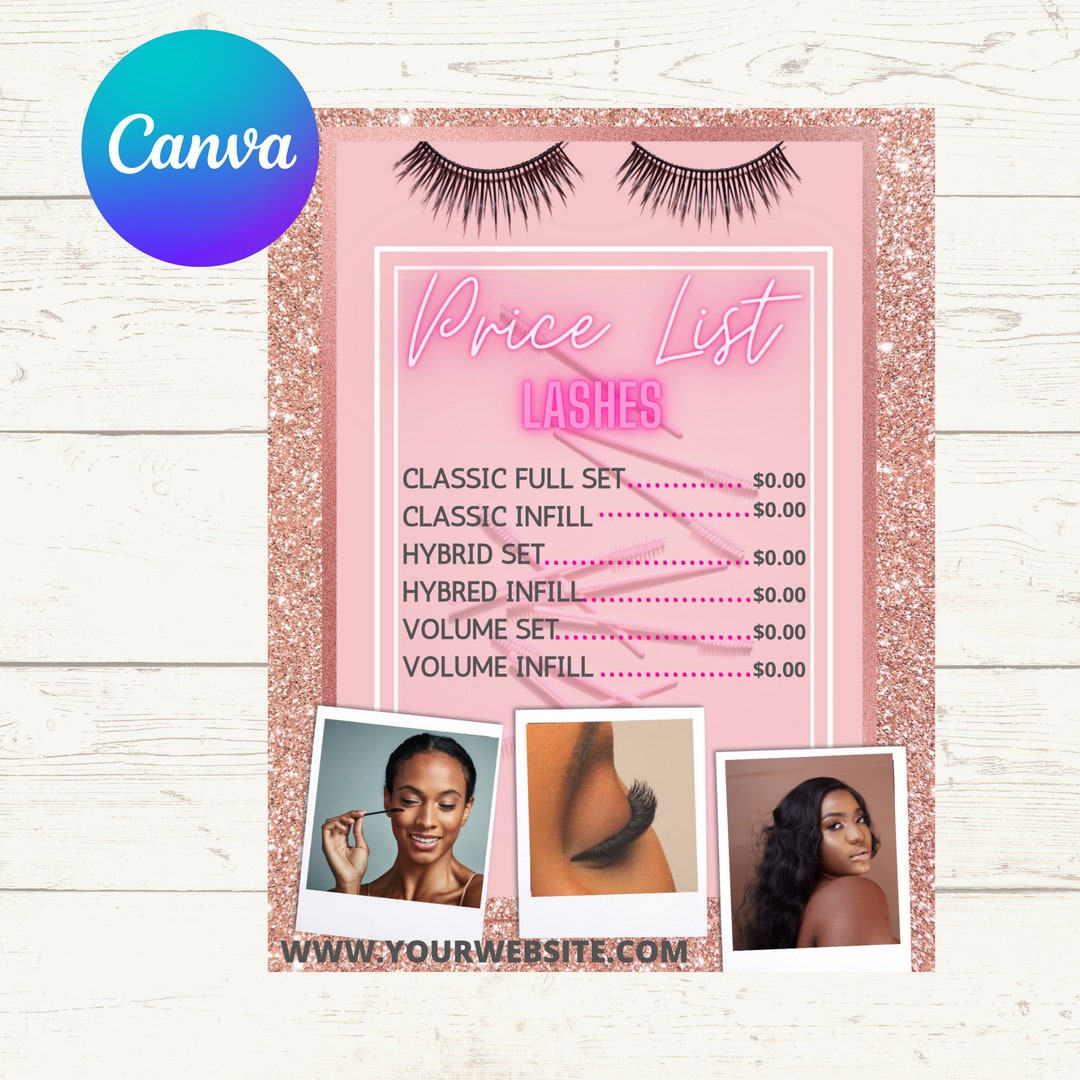 Editable Digital Price List Template Beauty, Lashes Editable Price List