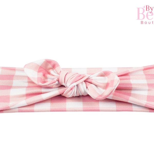 Pink gingham bow, light pink baby headband, pink plaid headband, neutral baby bows, baby girl spring bow, head wrap baby, baby stretch wrap
