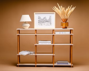 Mid-century modern bookshelf with contemporary minimalist style functionality. Custom design hand-made modular storage unit.