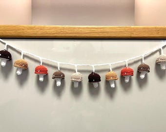 Crochet Mushroom Toadstool Autumn Rainbow Red Pastel Cotton Garland Bunting Decor, Cottagecore Mushrooms
