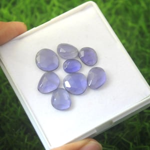 Lot de pierres précieuses taillées en rose Iolite : dos plats à facettes bleu clair, 9 pièces
