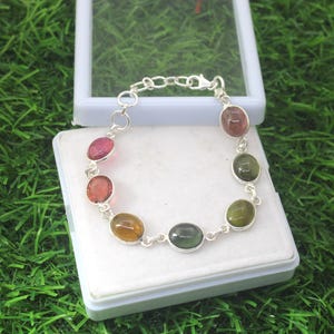 Multi Tourmaline Bracelet: 925 Sterling Silver, 7.5 Inch Gemstone Cabochons