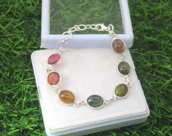 Pulseira Multi Turmalina: Prata de Lei 925, Cabochões de Pedras Preciosas de 7,5 Polegadas
