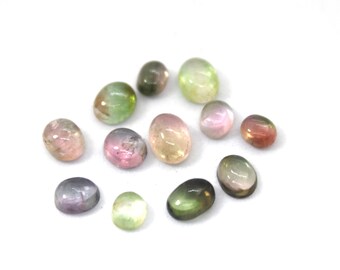 Bi-Color Tourmaline Cabochons: Oval Gemstone Set, 12 Pcs (4x4.80-5.10x7 MM)