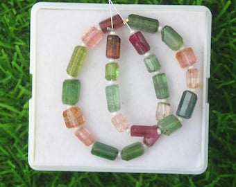 Könnte beinhalten: Eine Kette aus mehrfarbigen Turmalinperlen in Grün-, Rosa- und Brauntönen. Die rechteckigen Perlen sind mit kleinen weißen Perlen aufgereiht, präsentiert in einer weißen Box vor grünem Hintergrund.