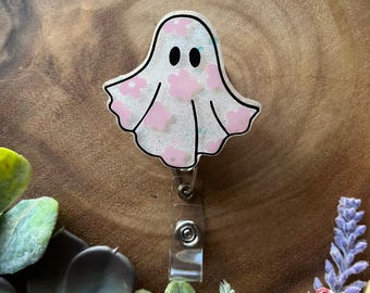Floral Ghost Badge Reel: Glitter Halloween ID Holder