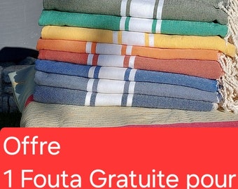 2 Foutas achetées = 1 Fouta Gratuite Véritable Fouta Tunisienne Plate bande blanche 1m/2m Coton