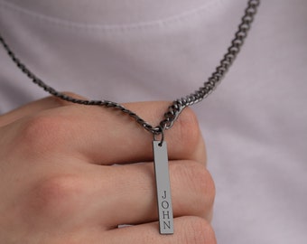 Personalized Sterling Silver Bar Necklace for Men: Custom Engraved Tag