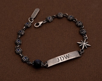 Personalisiertes Sterling Silber Herren Bar Armband: Individueller Name, Sapphire