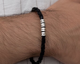 Personalized Mens Bracelet, Personalized Leather Bracelet, Mens Name Bracelet, Handmade Leather Jewelry with Silver Beads, Gift for Him, Boy