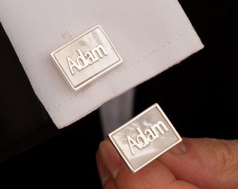 Personalized Sterling Silver Cufflinks with Pearl: Engraved Initial Cufflinks