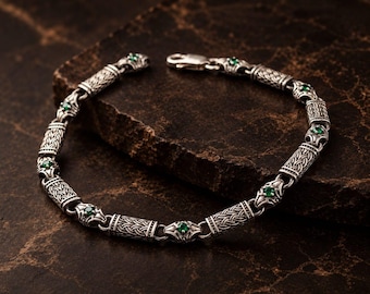 925 Sterling Silver Round Emerald Mens Bracelet , Emerald Mens Bracelet , Unique Gift Idea for Men,  Handmade Mens Bracelet , Christmas Gift