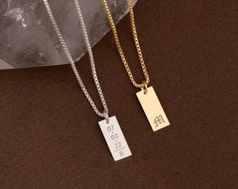 Engraved Sterling Silver Mens Necklace - Personalized Initial Bar Pendant