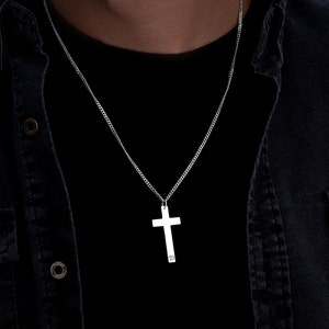 Engraved Sterling Silver Cross Necklace - Personalized Mens Jewelry