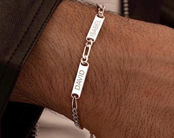 Personalized Mens Bracelet , Custom Engraved Sterling Silver 925 Chain for Dad with Kids Names , Family Name Bracelet , Daddy Bracelet