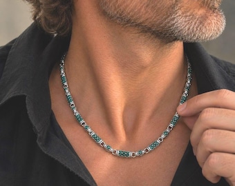 925 Sterling Silver Mens Emerald Necklace , Men's Vintage Green Gemstone Necklace , Ornate Filigree Chain, Christmas Gift