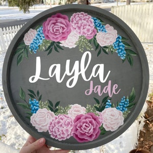 Custom Painted Baby Name Sign, Baby Girl Nursery Decor, Gallery Wall Sign, Hand Painted Floral Sign, Large Wood Name Sign, hand Lettered