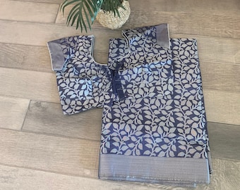 Fully Stitched Blouse - Superb Ink Blue Semi Dupion Silk Saree